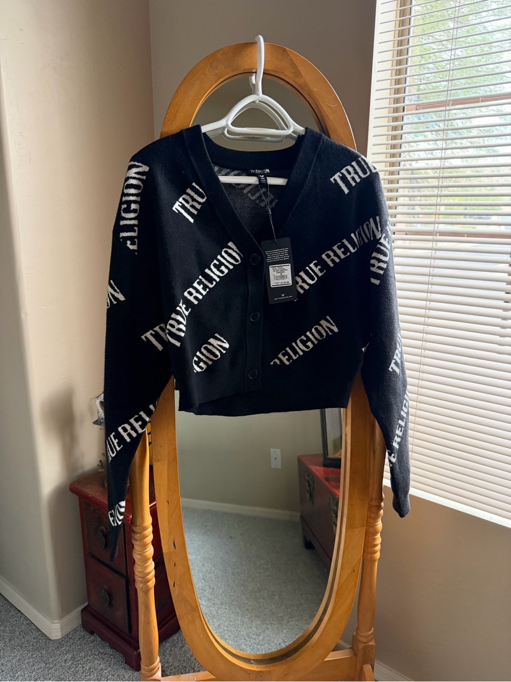 True Religion Cropped Cardigan – All-Over Logo Print